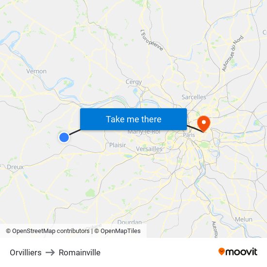 Orvilliers to Romainville map