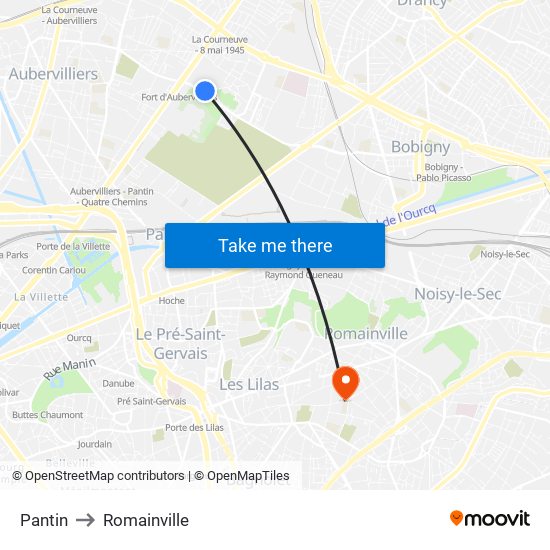 Pantin to Romainville map