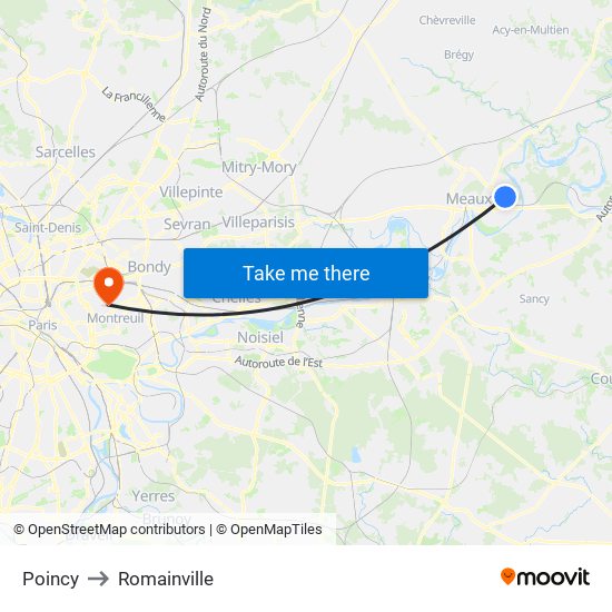 Poincy to Romainville map