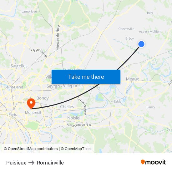 Puisieux to Romainville map