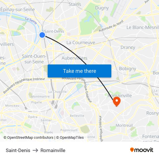 Saint-Denis to Romainville map
