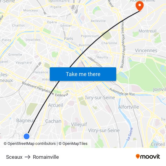 Sceaux to Romainville map