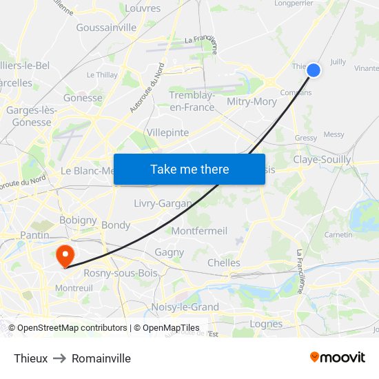 Thieux to Romainville map