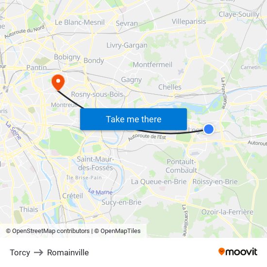 Torcy to Romainville map