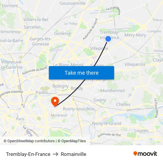 Tremblay-En-France to Romainville map