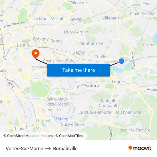 Vaires-Sur-Marne to Romainville map