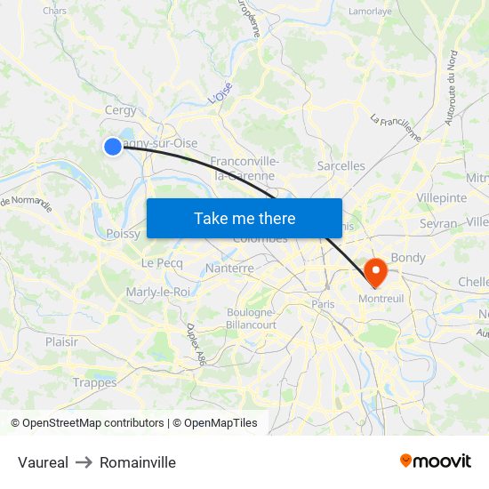 Vaureal to Romainville map