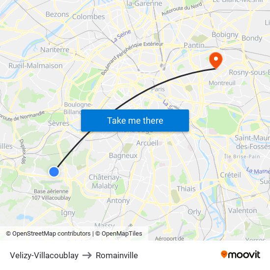 Velizy-Villacoublay to Romainville map