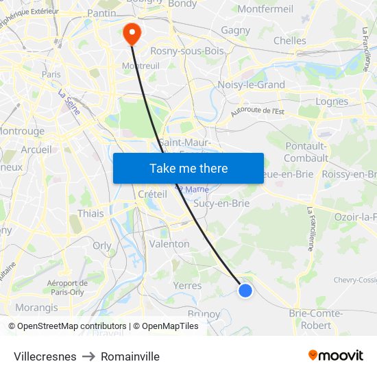 Villecresnes to Romainville map