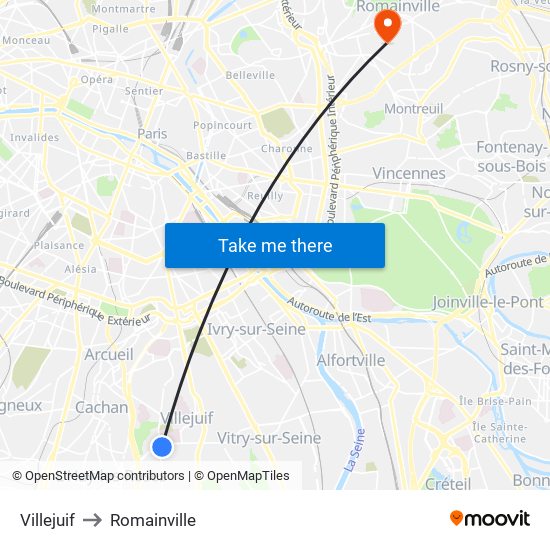 Villejuif to Romainville map