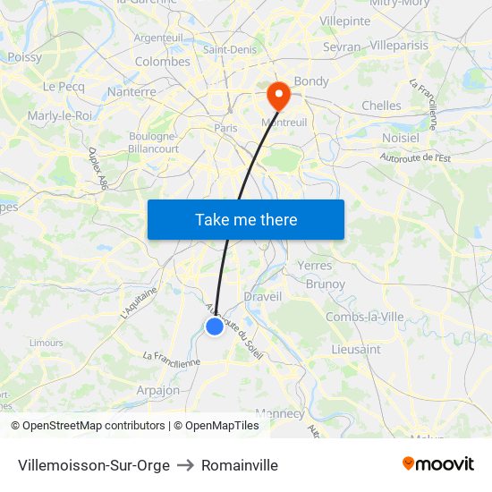 Villemoisson-Sur-Orge to Romainville map