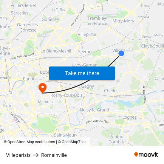 Villeparisis to Romainville map