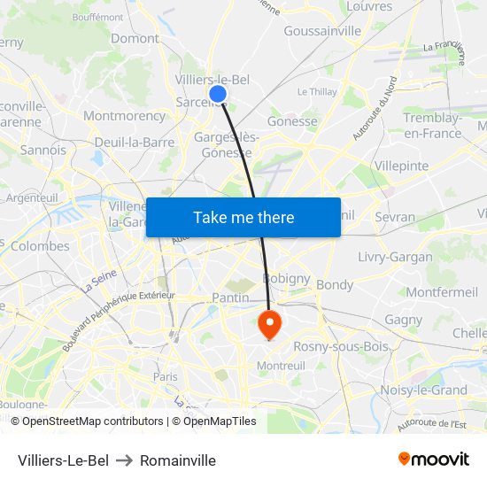 Villiers-Le-Bel to Romainville map