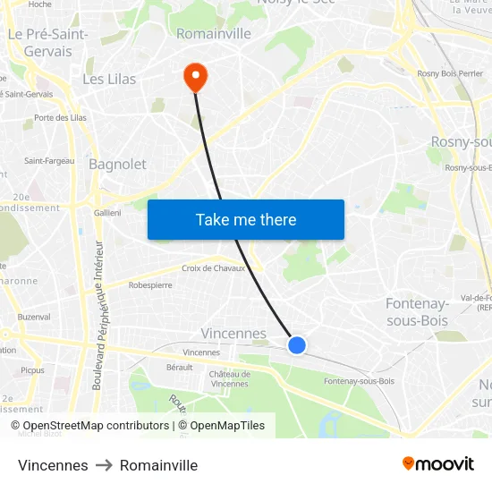 Vincennes to Romainville map