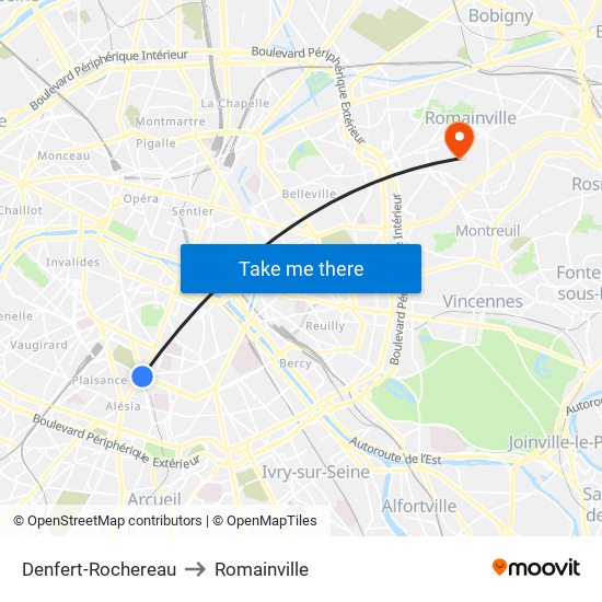 Denfert-Rochereau to Romainville map