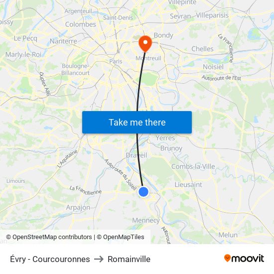 Évry - Courcouronnes to Romainville map