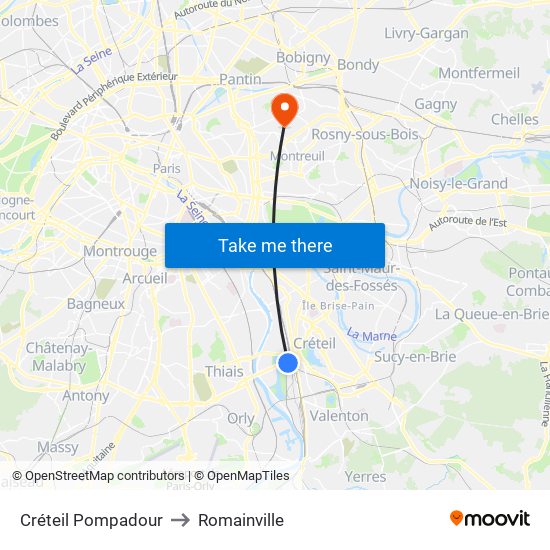 Créteil Pompadour to Romainville map