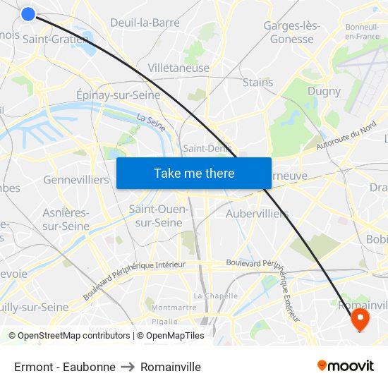 Ermont - Eaubonne to Romainville map