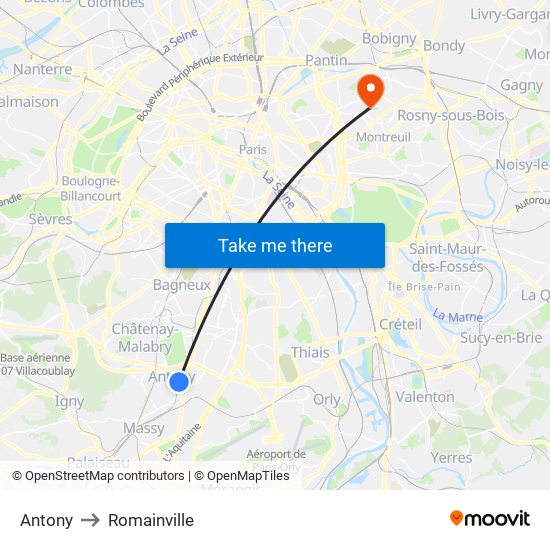 Antony to Romainville map