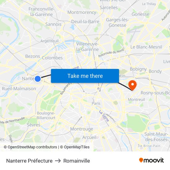 Nanterre Préfecture to Romainville map
