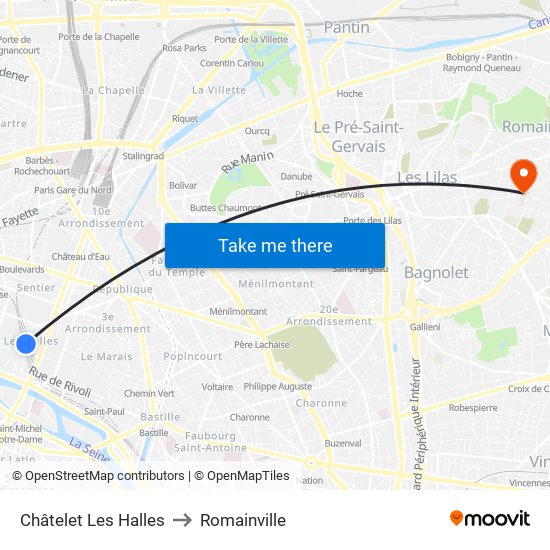 Châtelet Les Halles to Romainville map