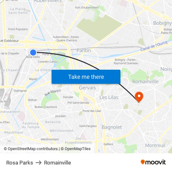 Rosa Parks to Romainville map