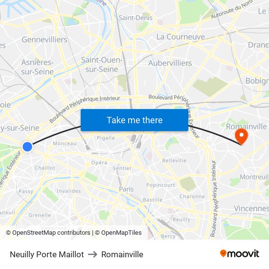 Neuilly Porte Maillot to Romainville map
