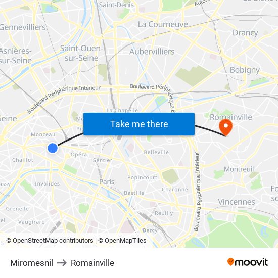 Miromesnil to Romainville map