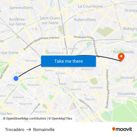 Trocadéro to Romainville map