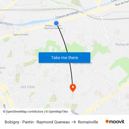 Bobigny - Pantin - Raymond Queneau to Romainville map