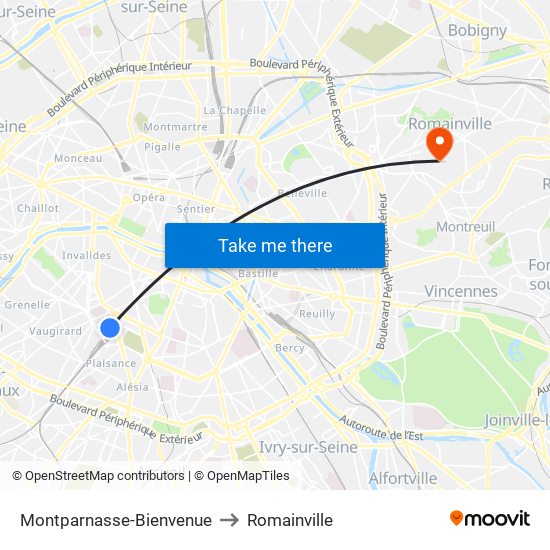 Montparnasse-Bienvenue to Romainville map
