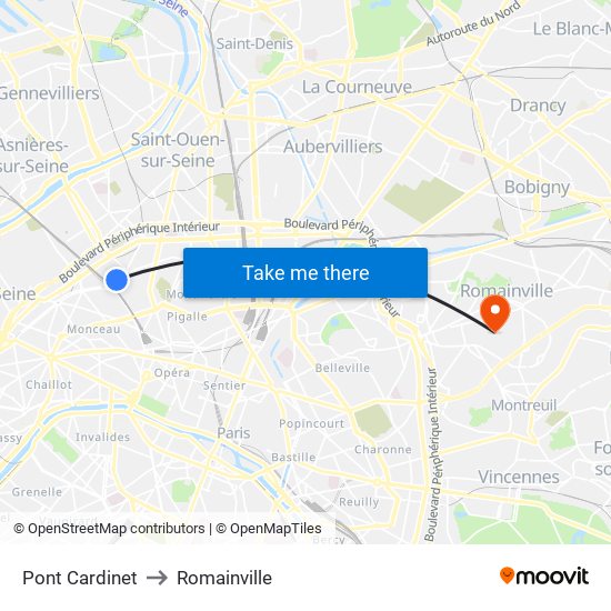 Pont Cardinet to Romainville map