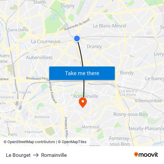 Le Bourget to Romainville map