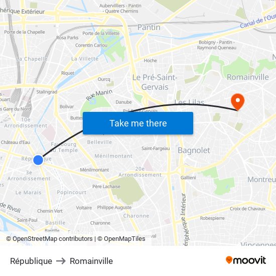 République to Romainville map