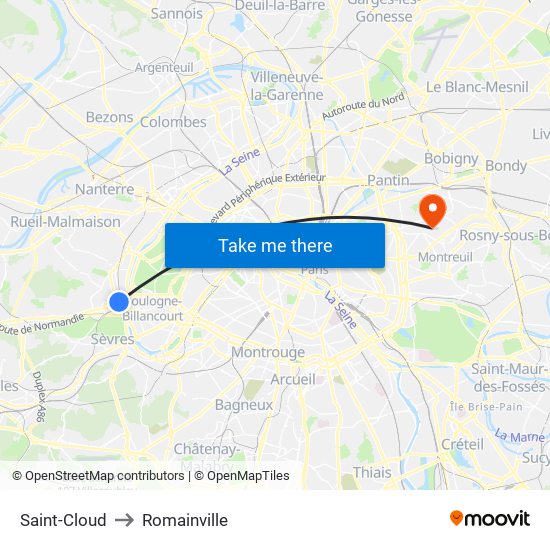 Saint-Cloud to Romainville map