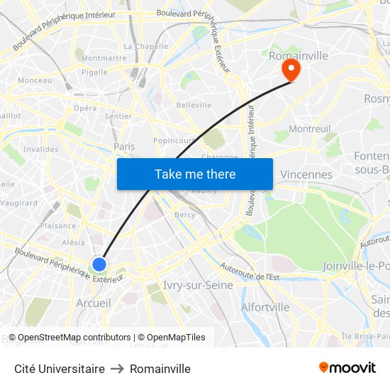 Cité Universitaire to Romainville map