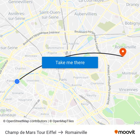 Champ de Mars Tour Eiffel to Romainville map