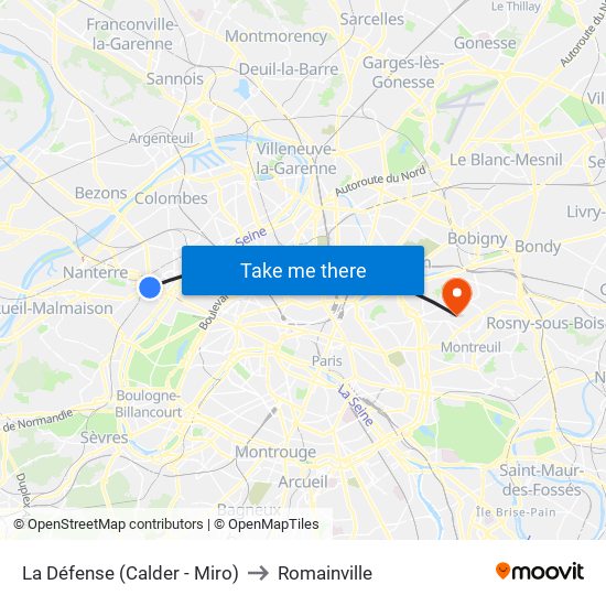 La Défense (Calder - Miro) to Romainville map