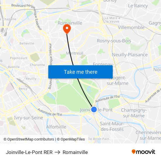 Joinville-Le-Pont RER to Romainville map