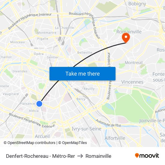Denfert-Rochereau - Métro-Rer to Romainville map