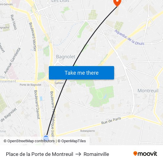 Place de la Porte de Montreuil to Romainville map