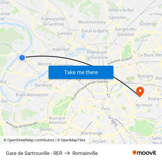 Gare de Sartrouville - RER to Romainville map