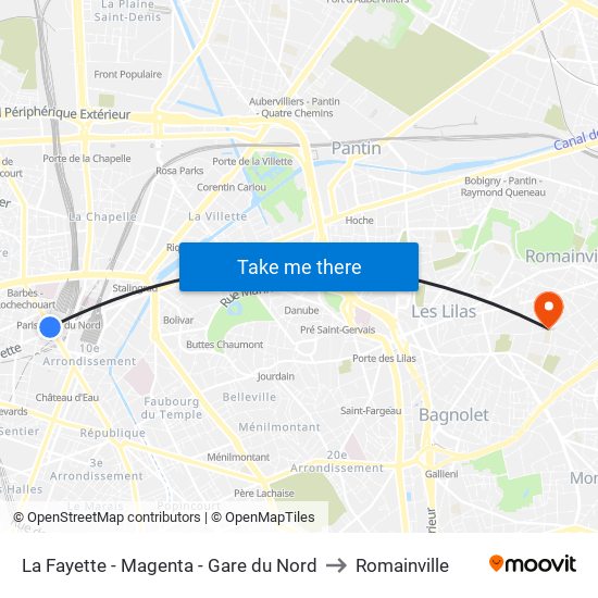 La Fayette - Magenta - Gare du Nord to Romainville map