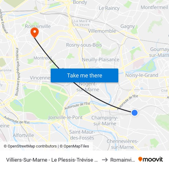 Villiers-Sur-Marne - Le Plessis-Trévise RER to Romainville map