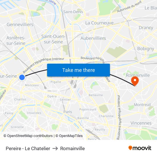 Pereire - Le Chatelier to Romainville map