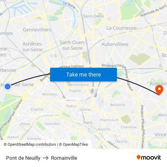 Pont de Neuilly to Romainville map