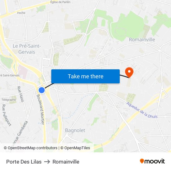 Porte Des Lilas to Romainville map