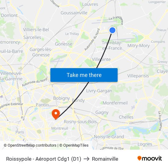 Roissypole - Aéroport Cdg1 (D1) to Romainville map