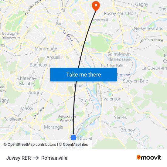 Juvisy RER to Romainville map