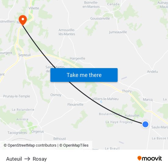 Auteuil to Rosay map